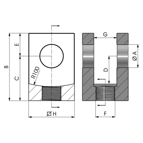 Size drawing of the Threaded Fork Rod End with Bore