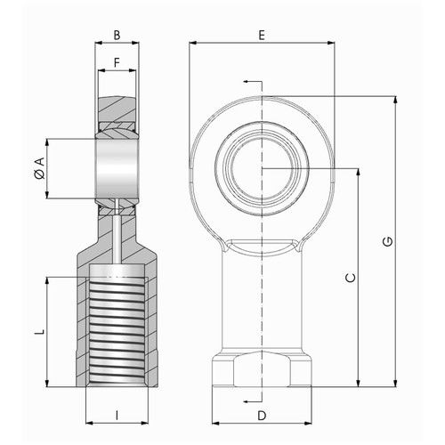 Dimensional drawing of the SC..UK 2RS type threaded rod end